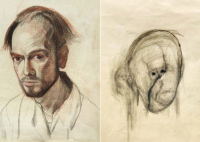 La devastación del Alzheimer en autorretratos. Par de imágenes de la serie iniciada en 1995. Dibujo sobre papel Medidas variables. Colecciones privada